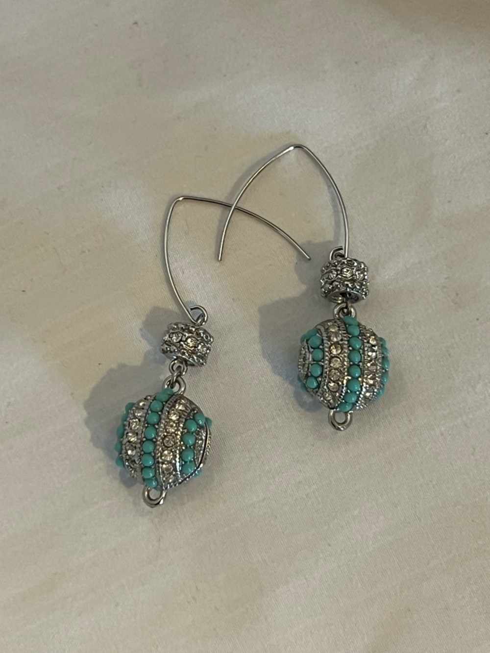 Turquoise and Silver Beaded Dangle Earrings - Brand Unspecified